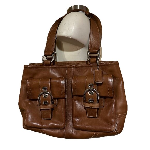 Vtg Coach Brown Double Front Buckle Pockets Leather Soho Y2K Bag F08A09 - Picture 1 of 16